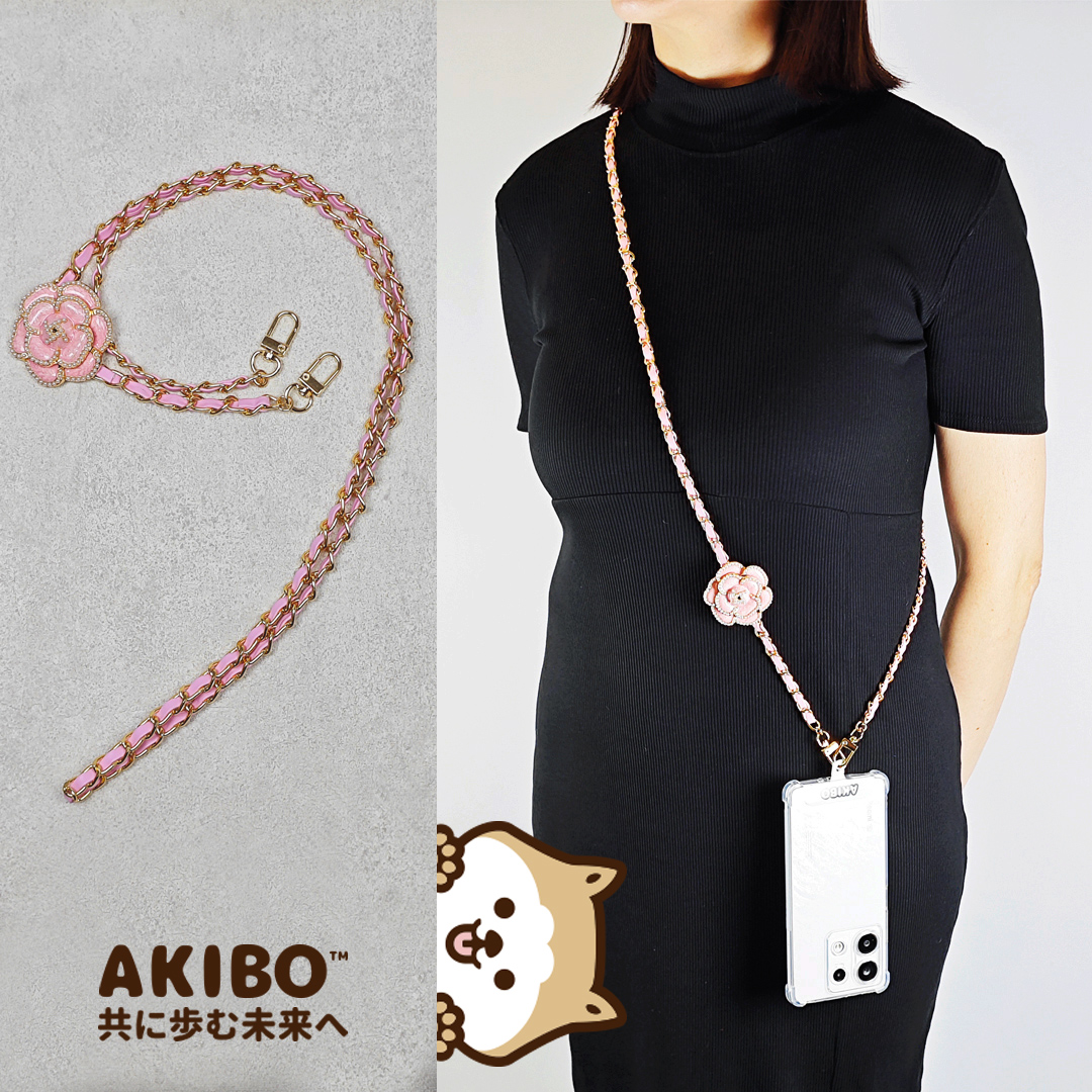 AKIBO皮革花漾包包手機掛繩-櫻花粉(女款、金屬) / 內附AKIBO品牌手機掛片1個