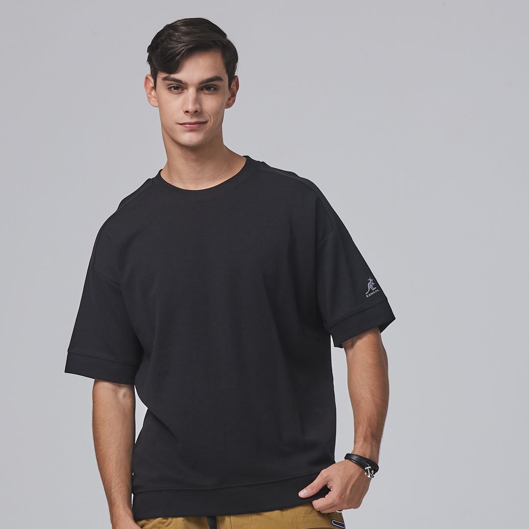 KANGOL袋鼠落肩寬版羅纹短T-黑