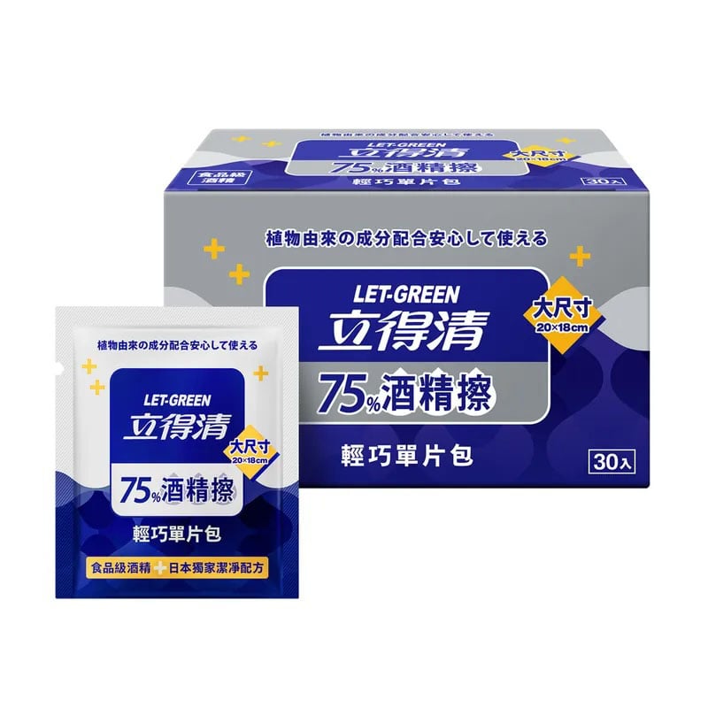 【立得清】75%酒精濕紙巾 單片包30片｜食品級酒精｜抗菌99.9%｜外出隨身必備