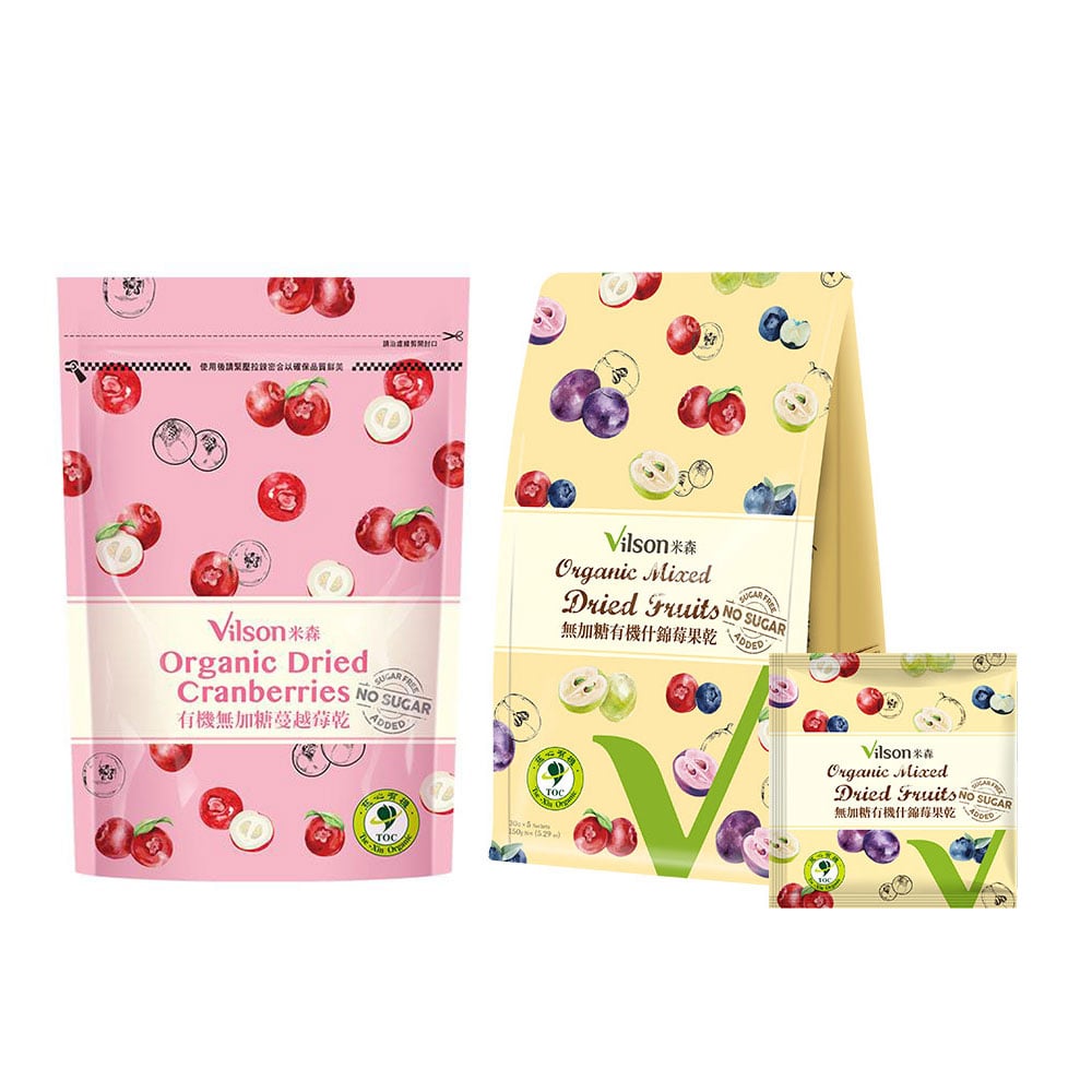 【米森 Vilson】有機無加糖莓果乾系列｜有機蔓越莓乾 210g｜有機什錦莓果乾｜有機濃縮蘋果汁取代砂糖｜無防腐劑 × 無人工色素香料｜有機驗證 × 開袋即食