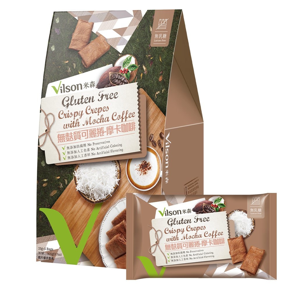 【米森】無麩質可麗捲 摩卡咖啡 21gx5包｜專業無麩質安心製程｜香氣濃郁的可可粉 × 咖啡粉風味