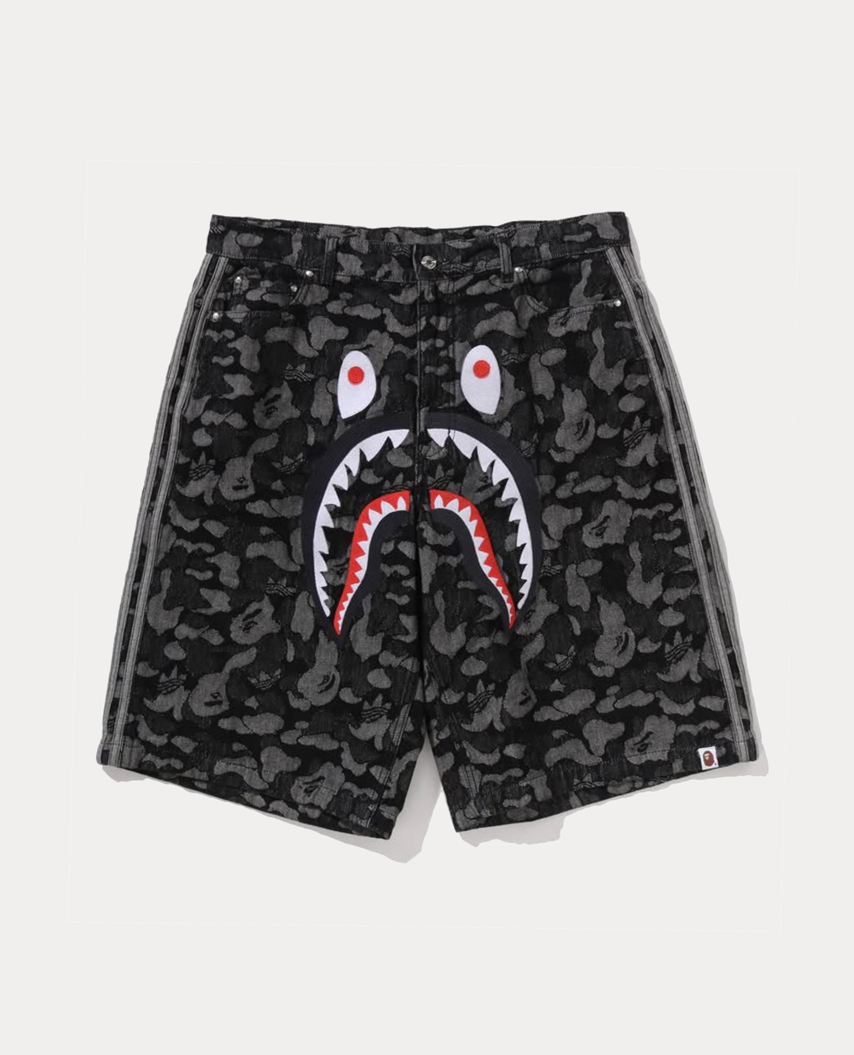 A Bathing Ape X Adidas Camo Jacquard Shark Denim Jorts