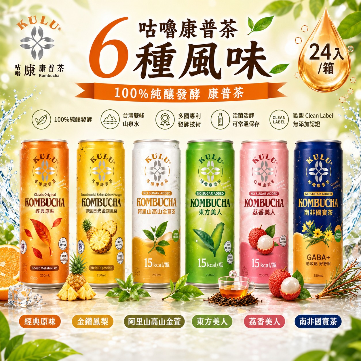 咕嚕康普茶  250ml 24入/1箱 (康普茶 Kombucha 氣泡飲 氣泡水 益生菌 低糖)