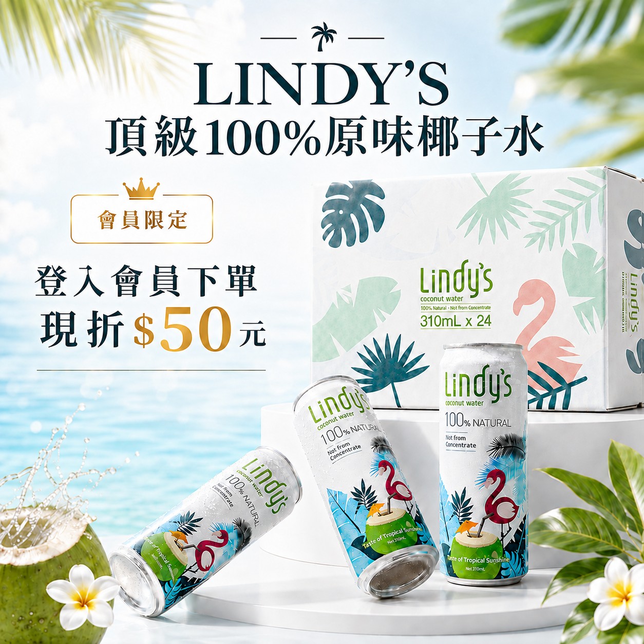 LINDY'S 100% 原味椰子水310ml 24入裝
