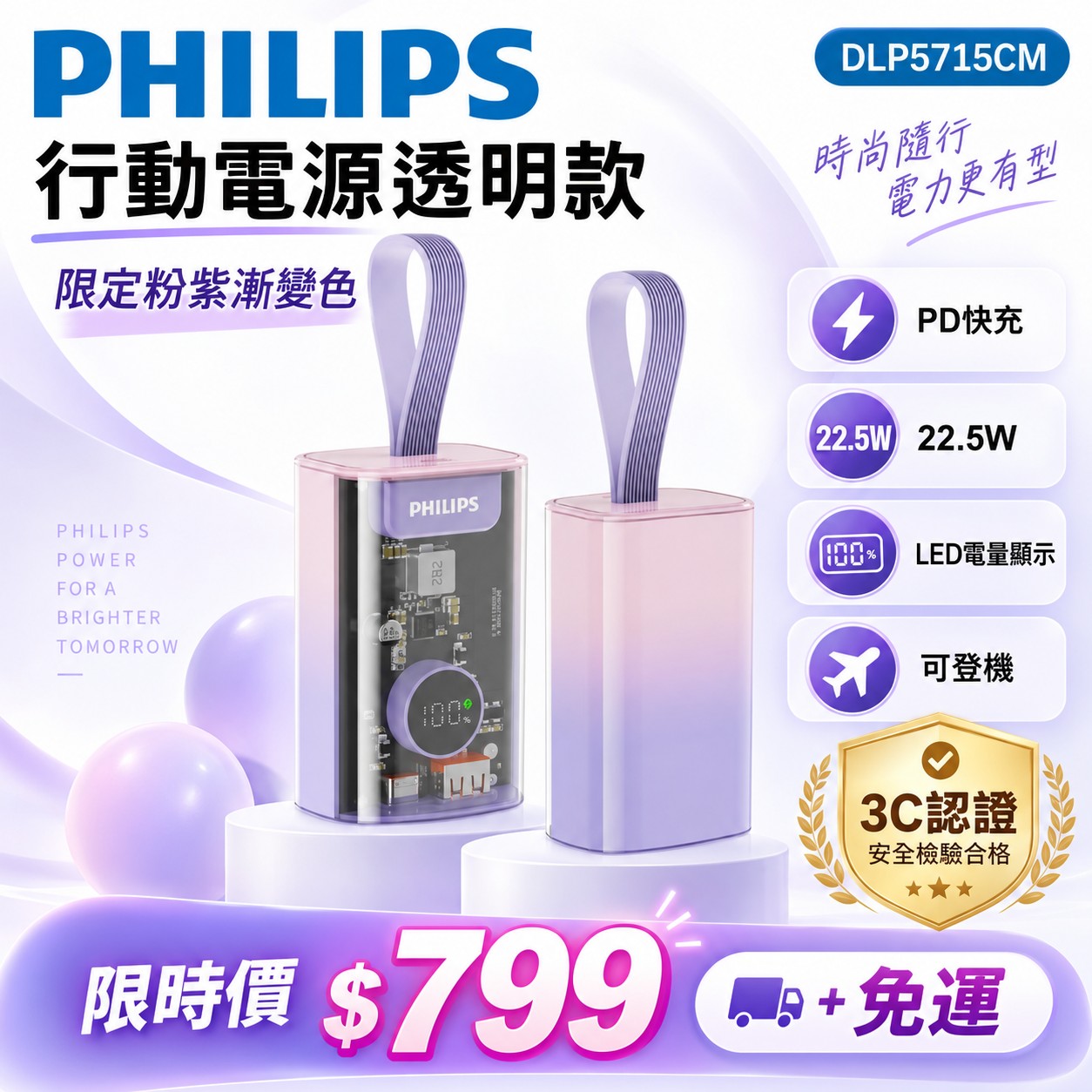 美安獨家優惠【PHILIPS飛利浦】行動電源透明款 DLP5715CM (內附3C認證標示貼)
