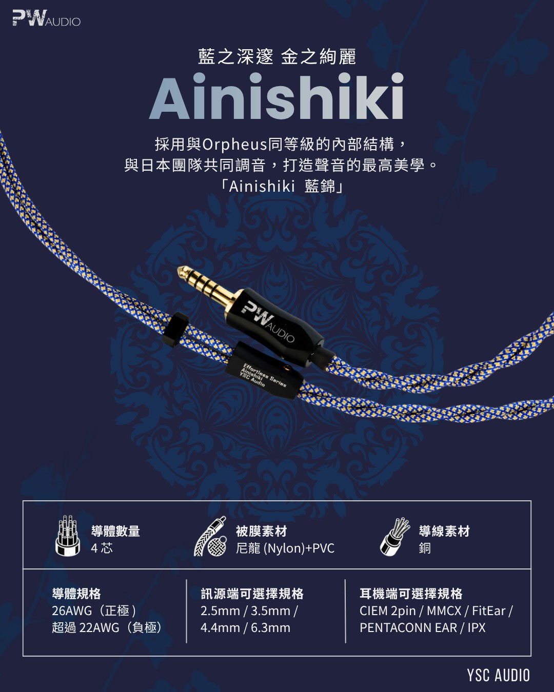 PWAudio Ainishiki 藍錦 耳機升級線｜4芯銅導體・正負極非對稱設計・藍金編織外套