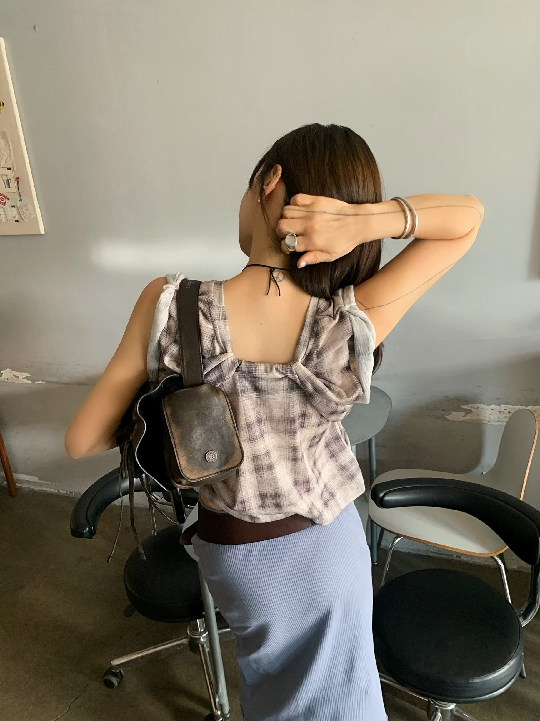 漢南洞時髦格紋不規則上衣