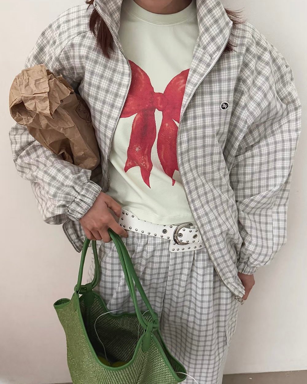 無肩線設計格紋風衣外套