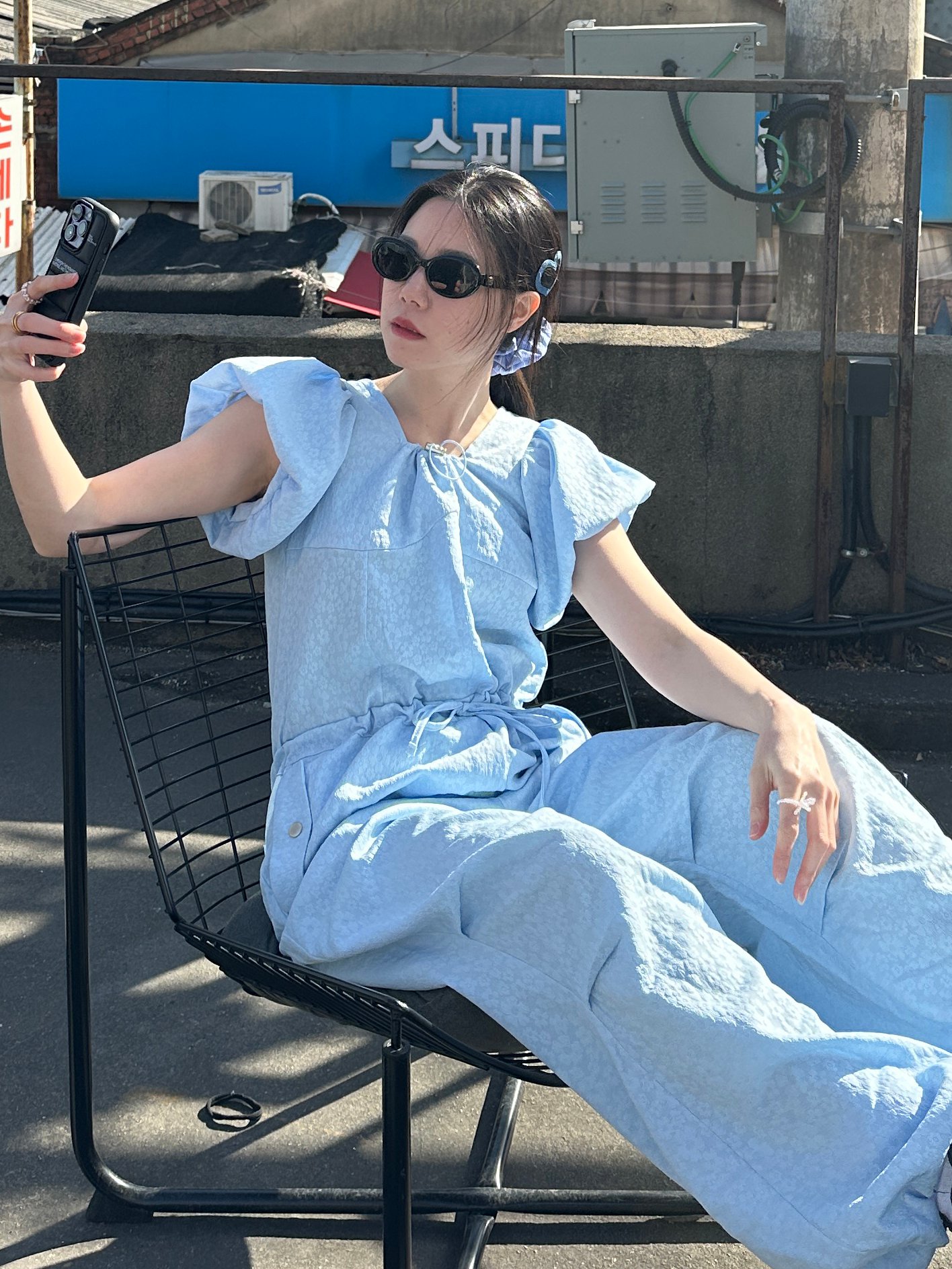 出遊必備花苞袖緹花連身褲（子珊同款）