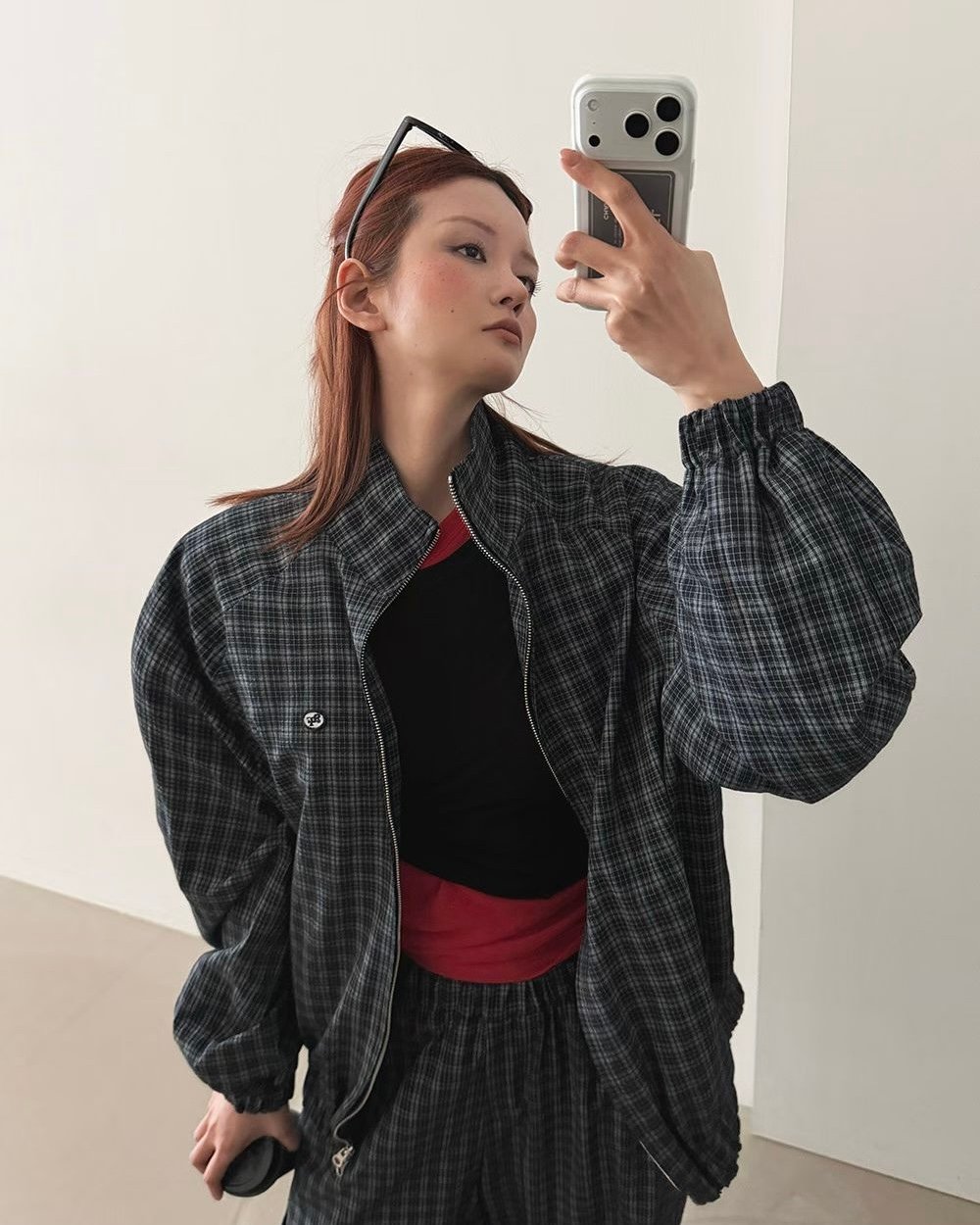 無肩線設計格紋風衣外套