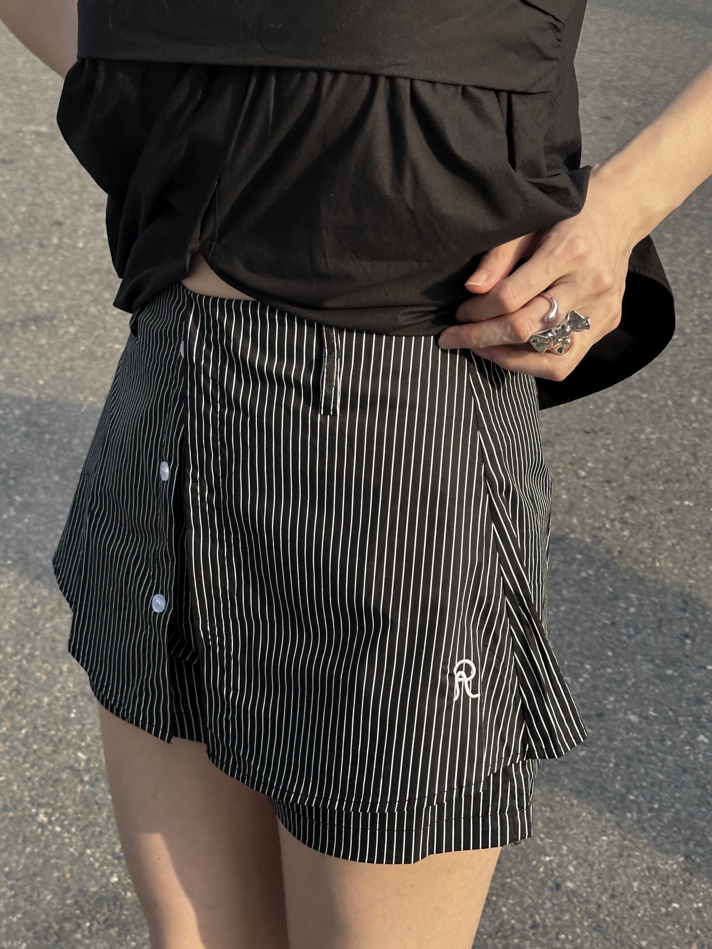 雙層襯衫布條紋短褲