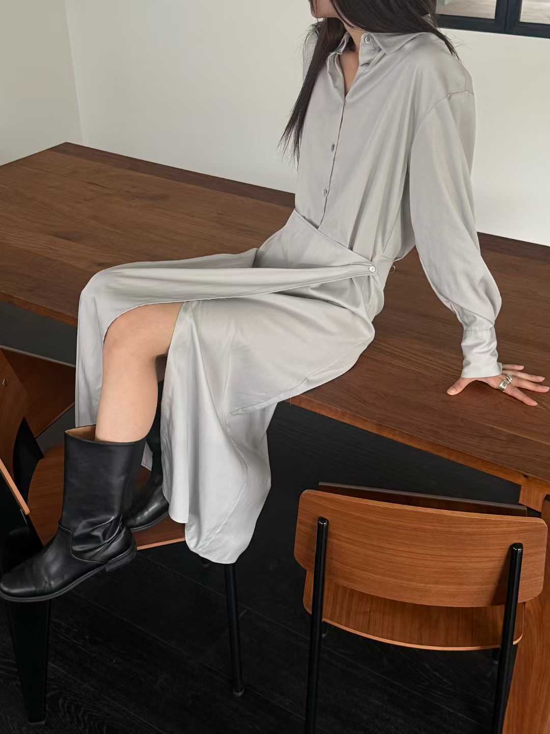 片裙造型排扣開衩襯衫洋裝