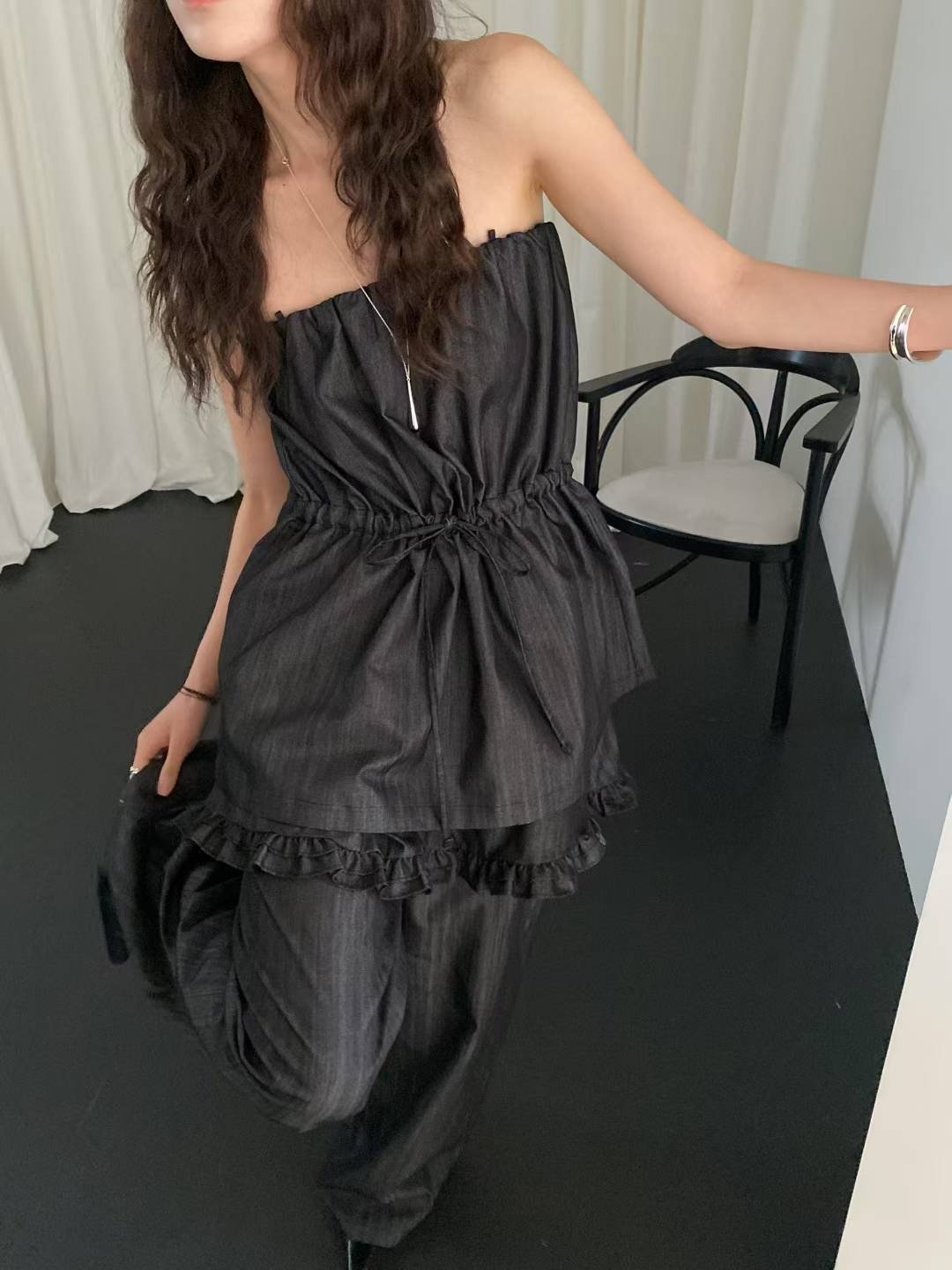 抽繩小口袋軟料牛仔背心