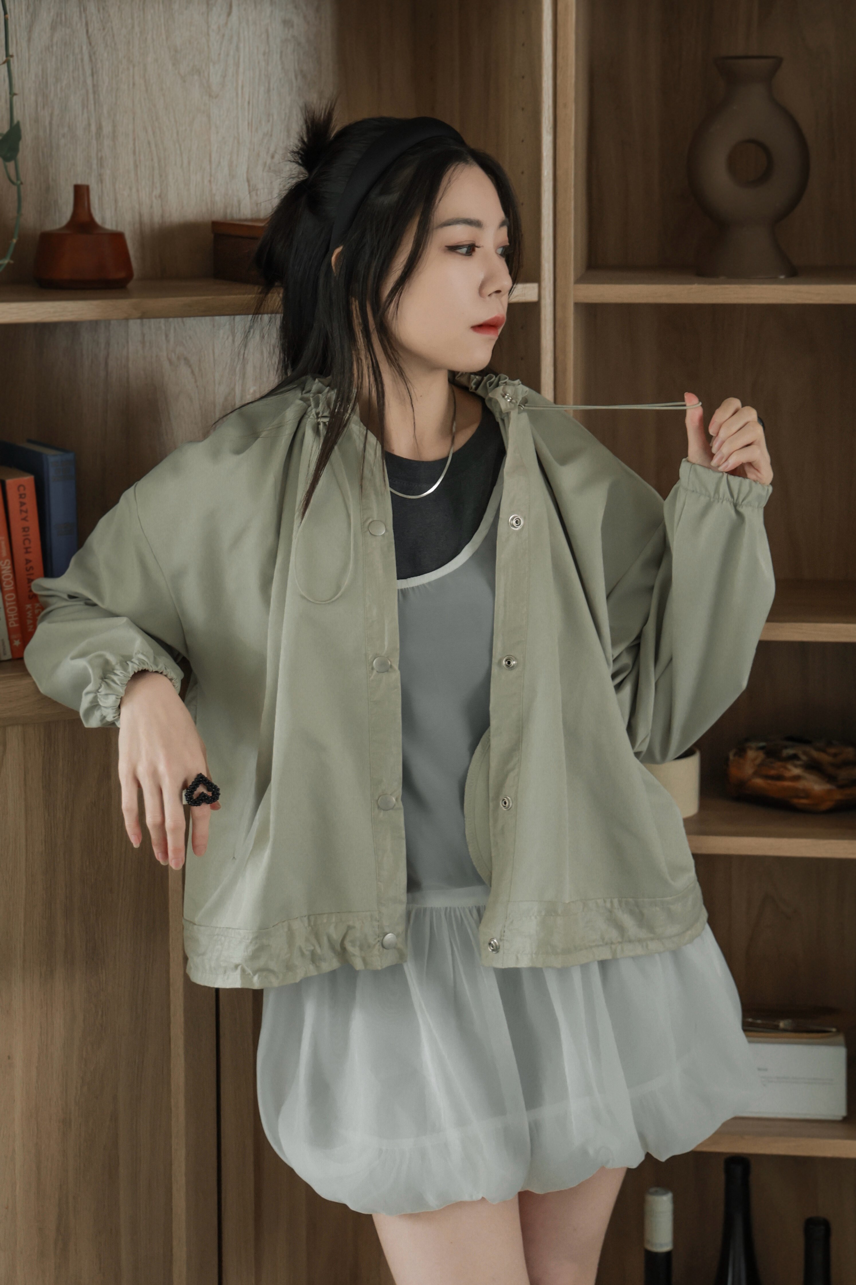 雙層荷葉抽繩排釦風衣外套（咩冷同款）