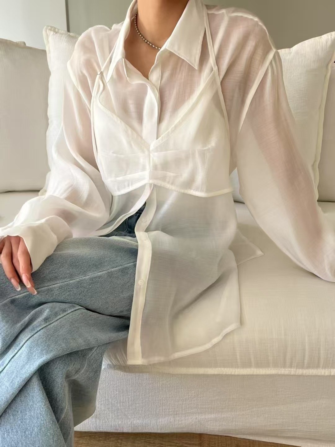 春夏光澤感兩件式透膚襯衫