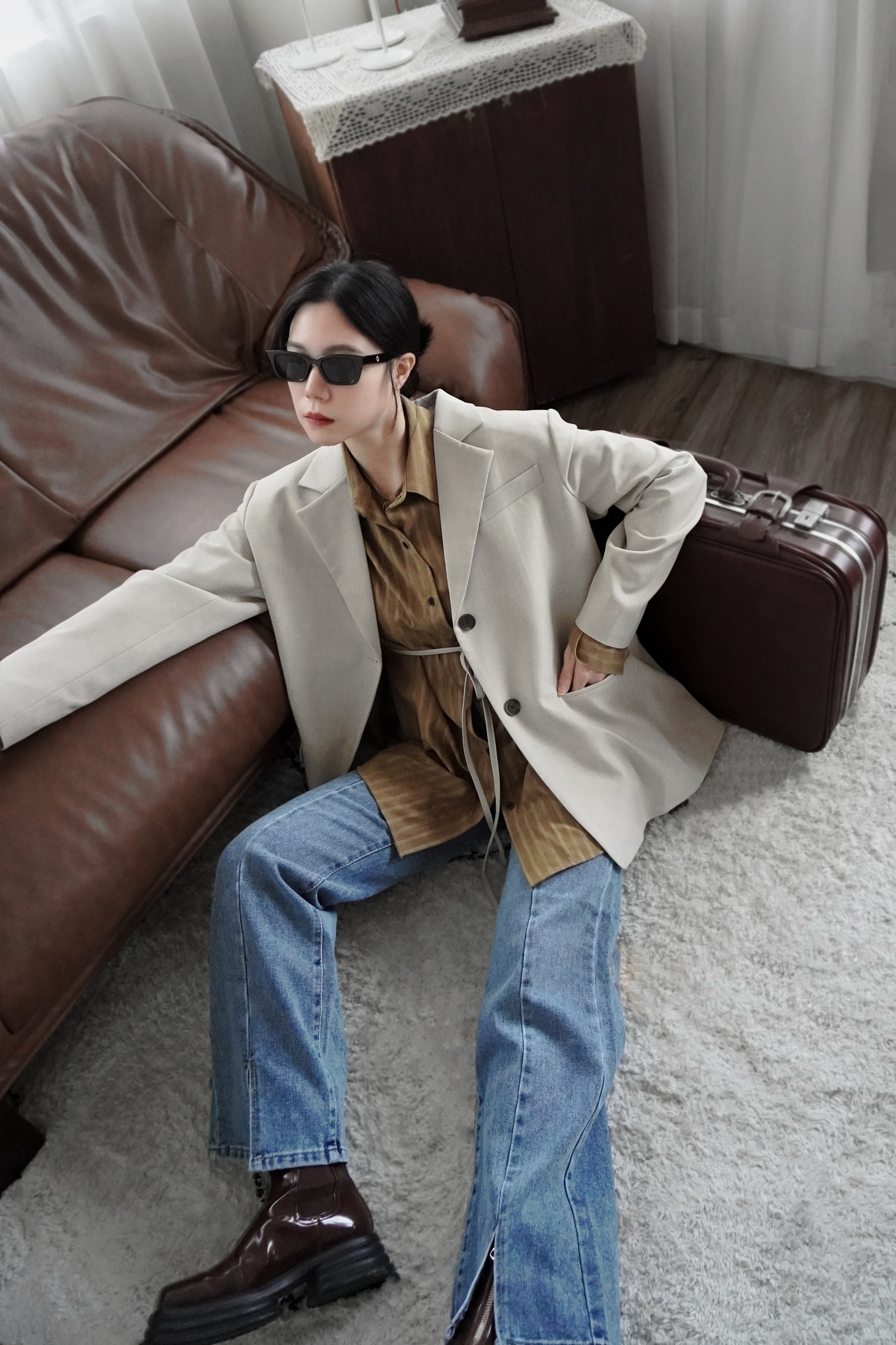 時髦墊肩多綁法西裝外套