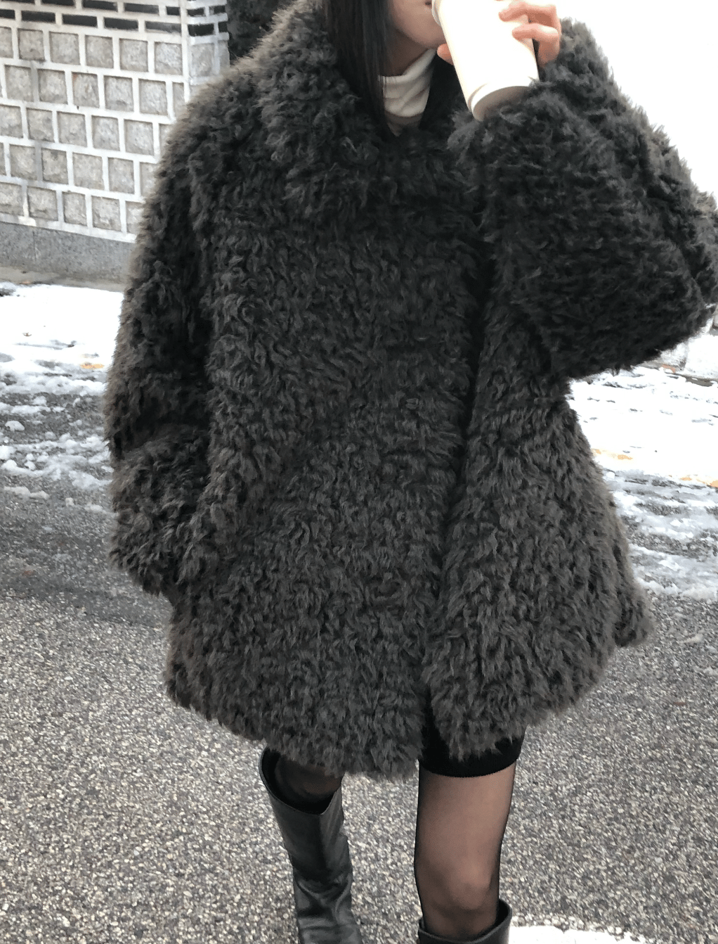 時髦小翻領毛絨絨外套