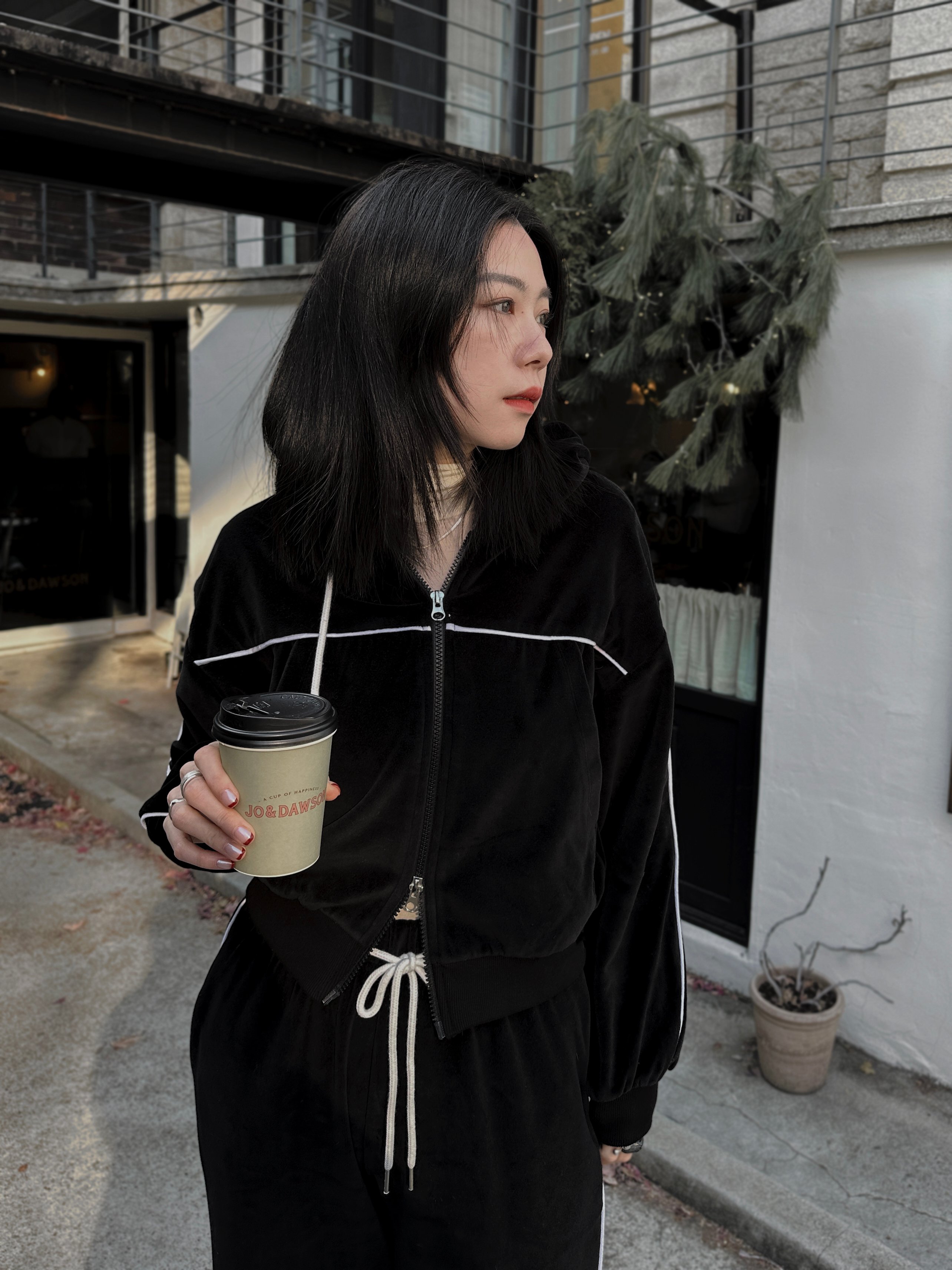 車線拼接絨面連帽外套