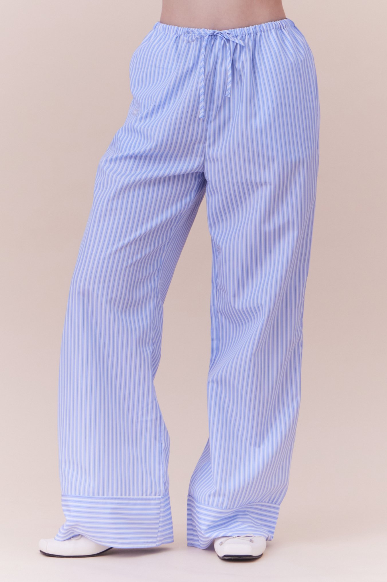 法式小浪漫鬆緊腰頭條紋長褲