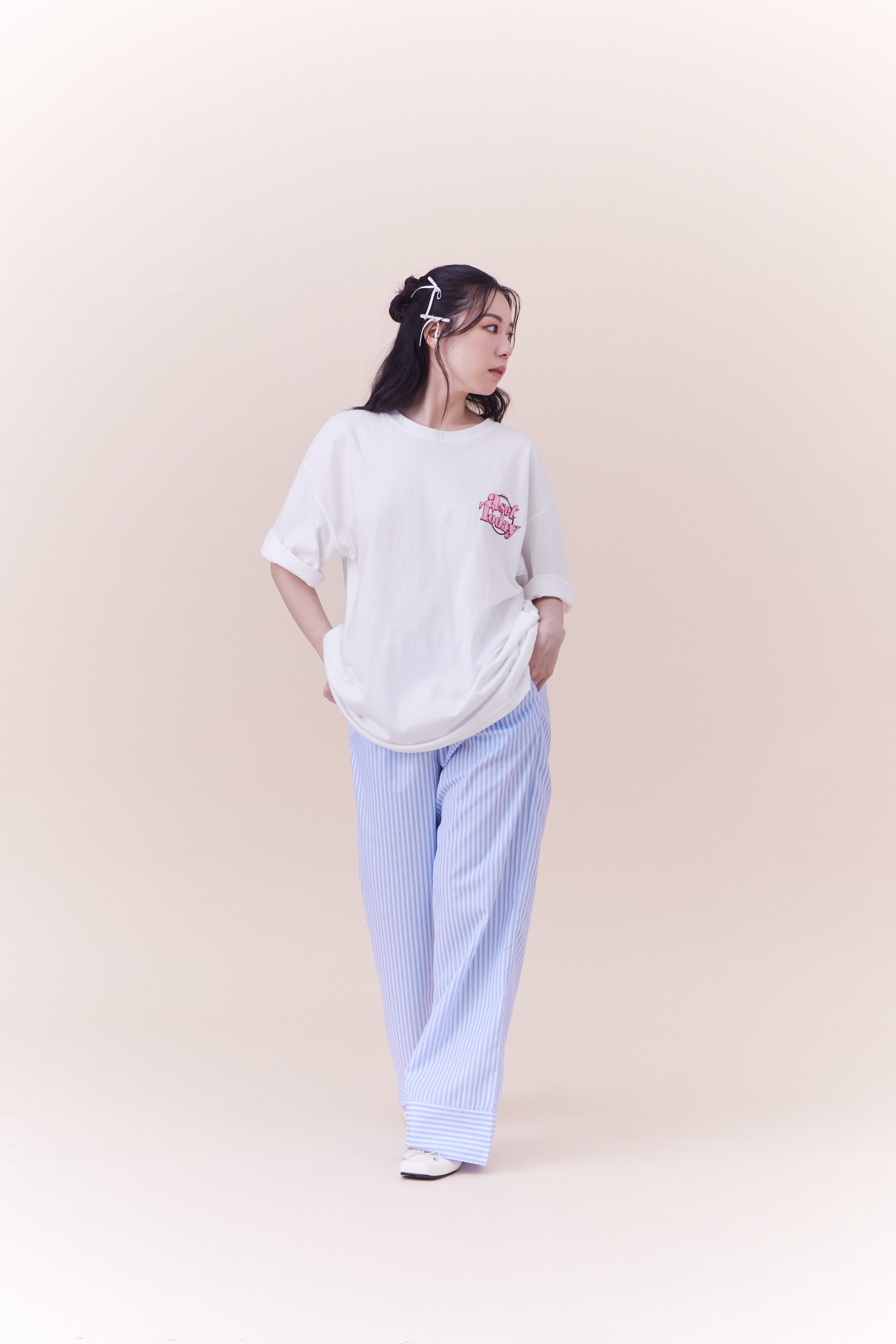 法式小浪漫鬆緊腰頭條紋長褲