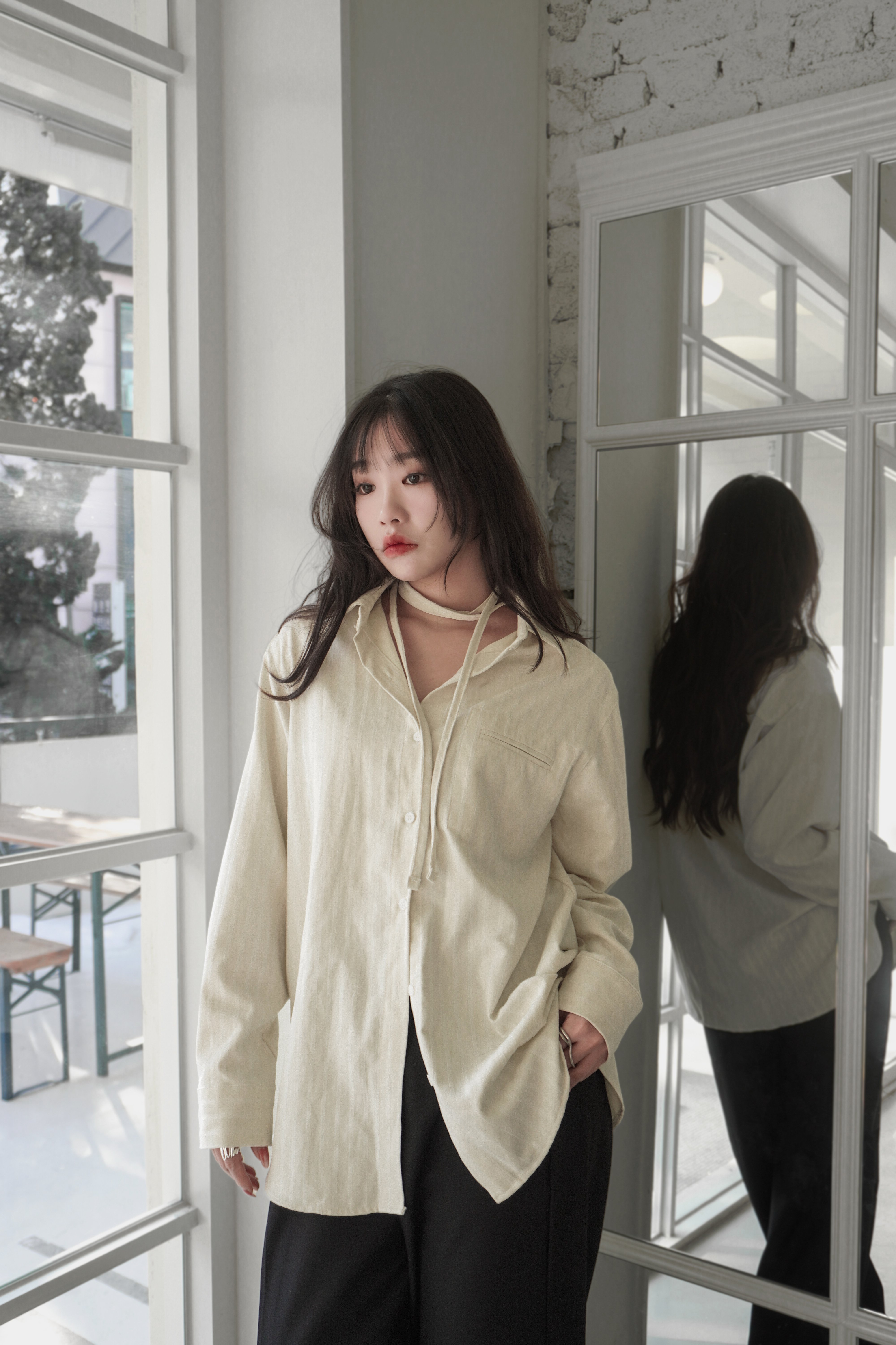 高級低調條紋綁帶式襯衫