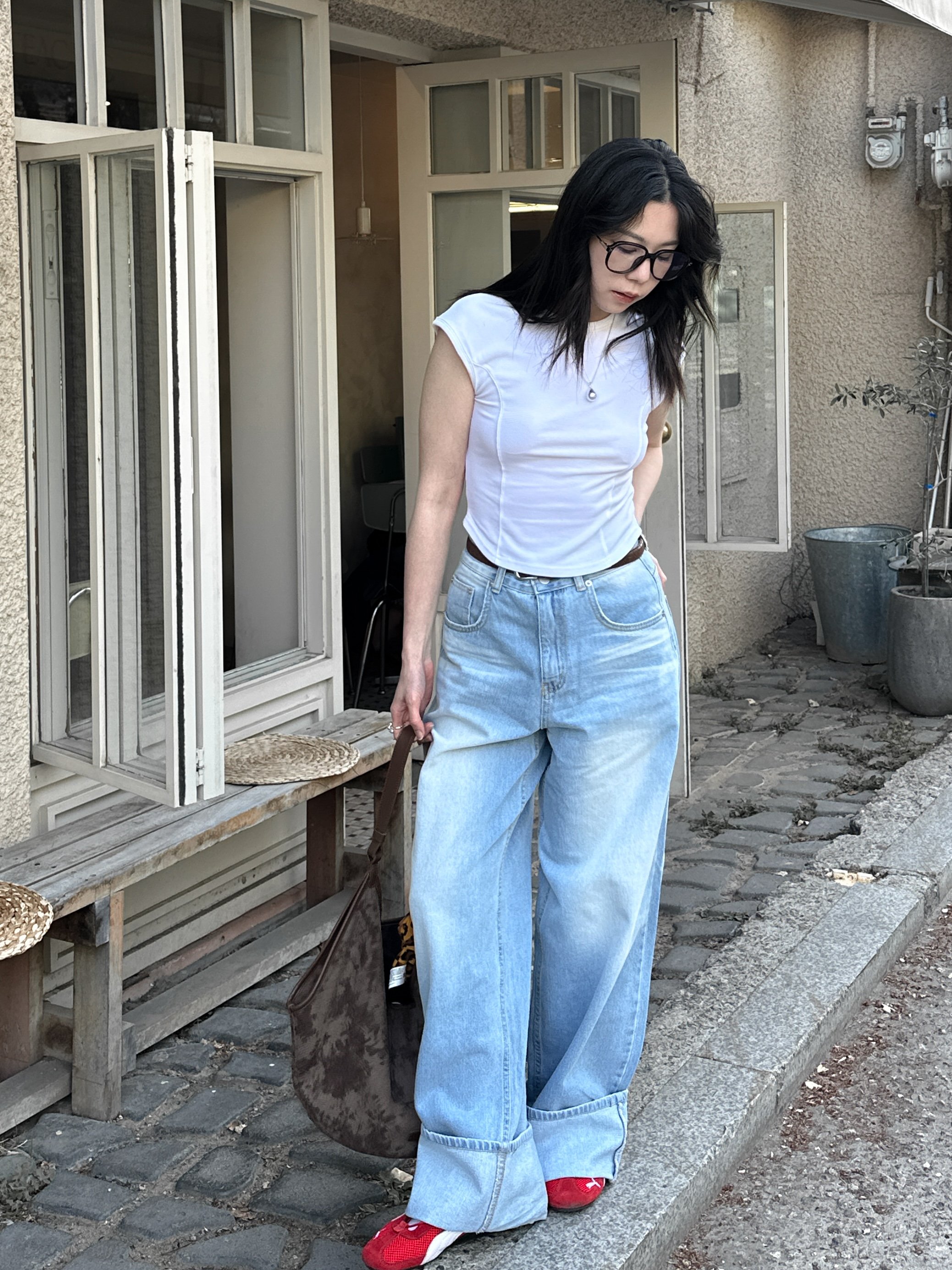 刷色好美寬鬆大反摺牛仔褲 S/M