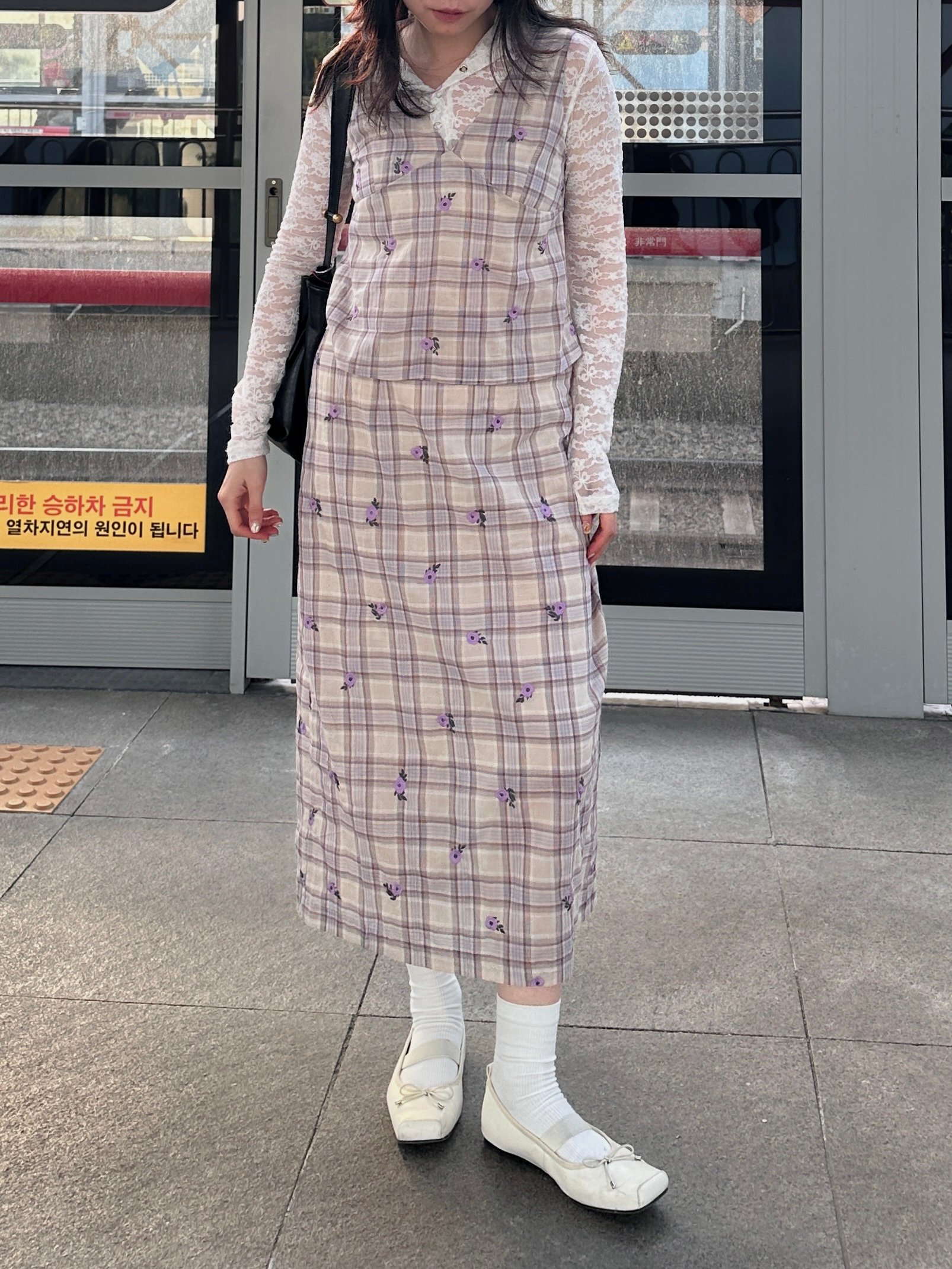 浪漫刺繡小花格紋棉麻套裝