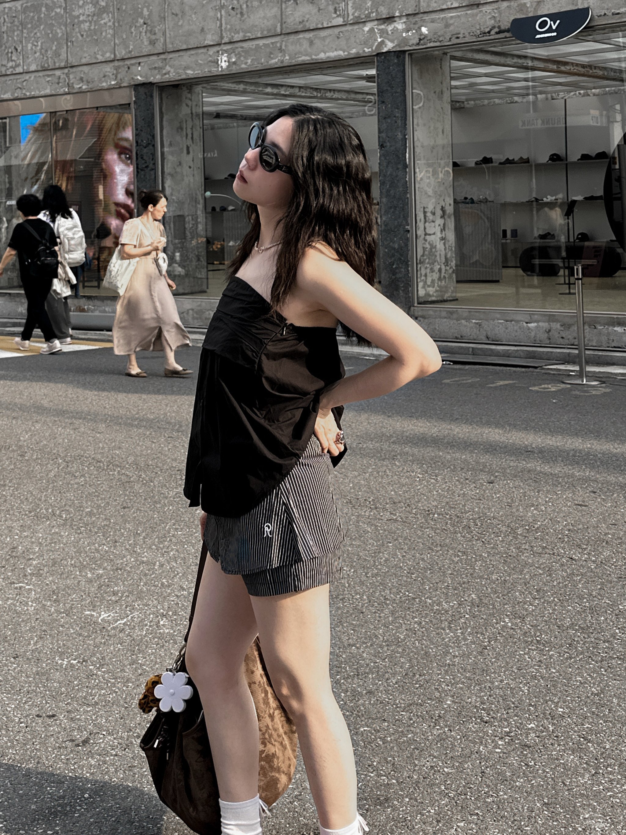 雙層襯衫布條紋短褲