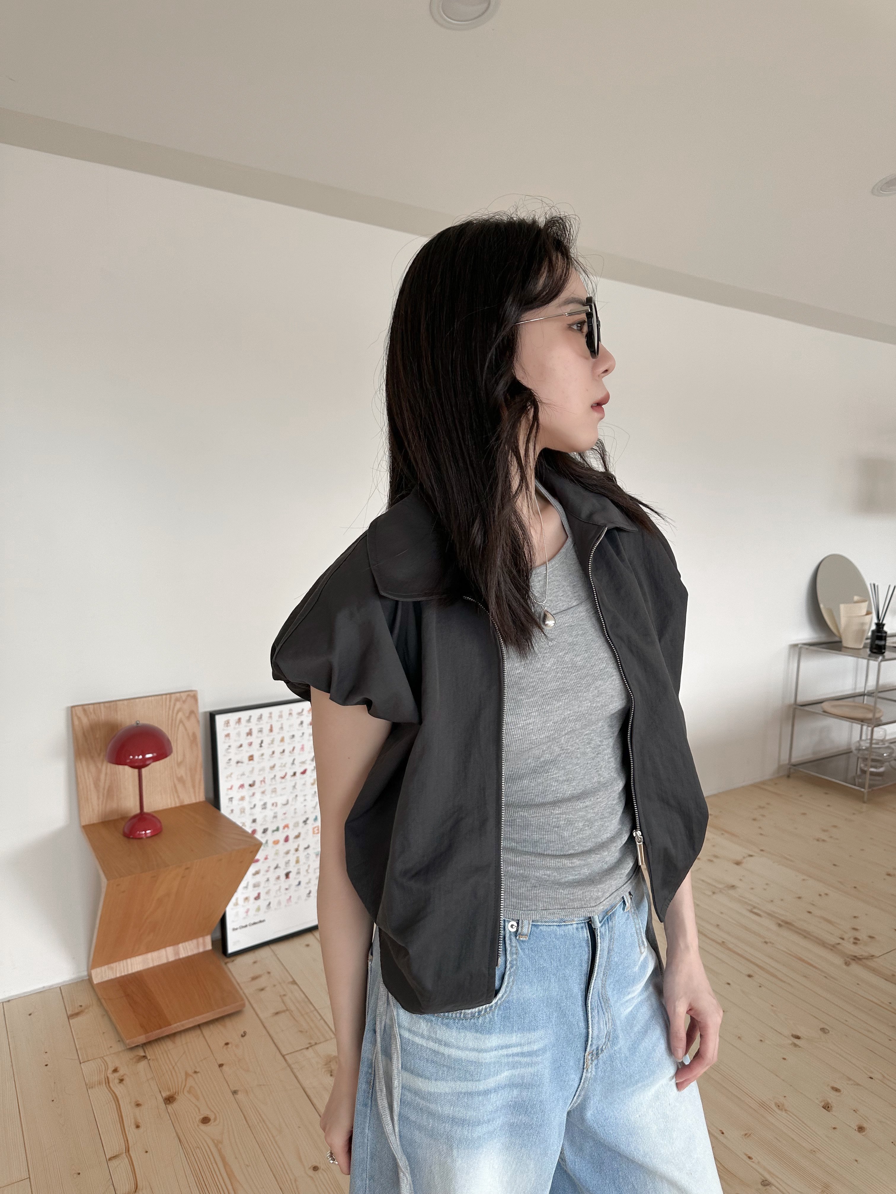 雙拉鏈抓皺設計背心