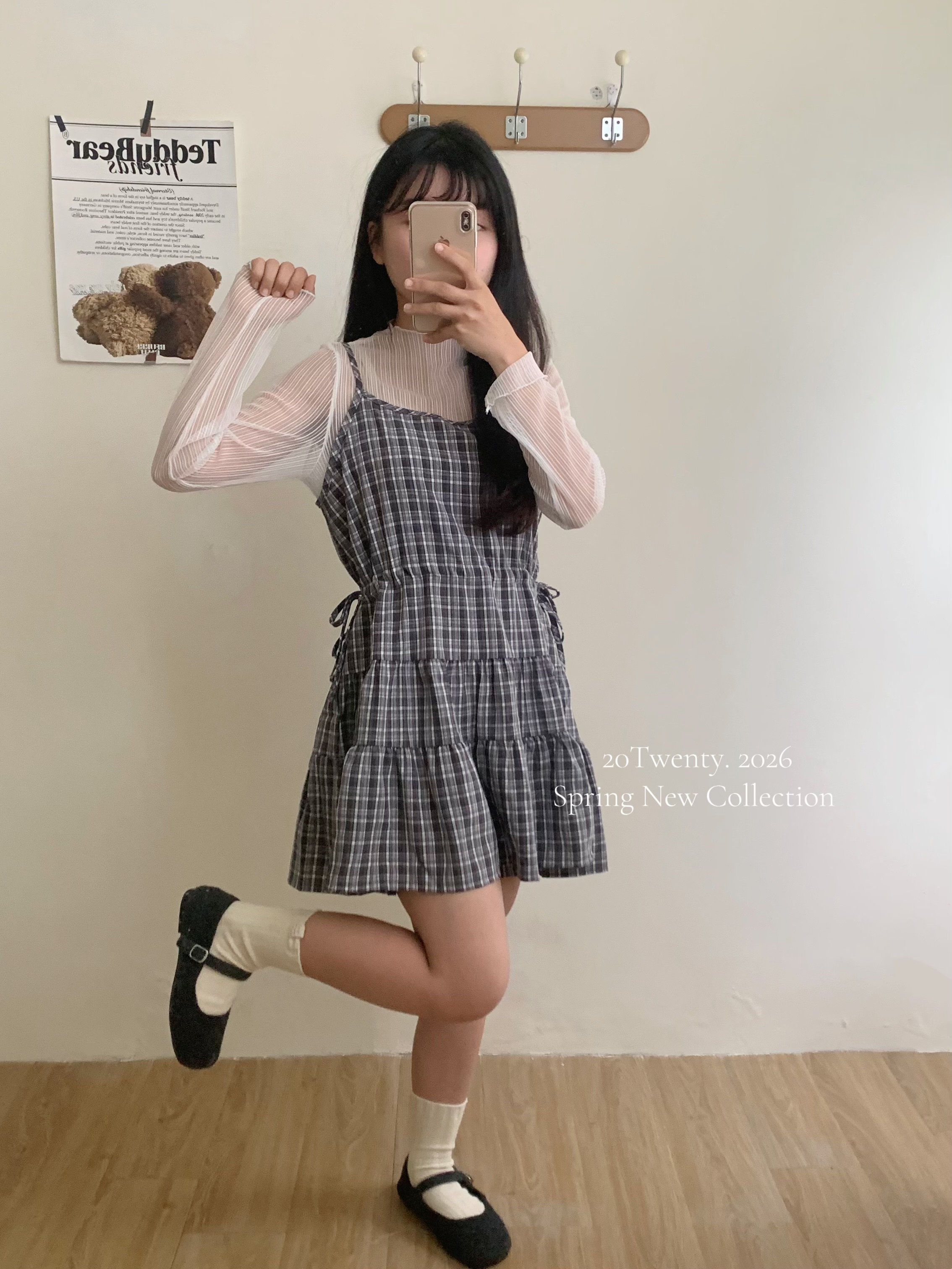 側抽繩格紋短洋（2colors)