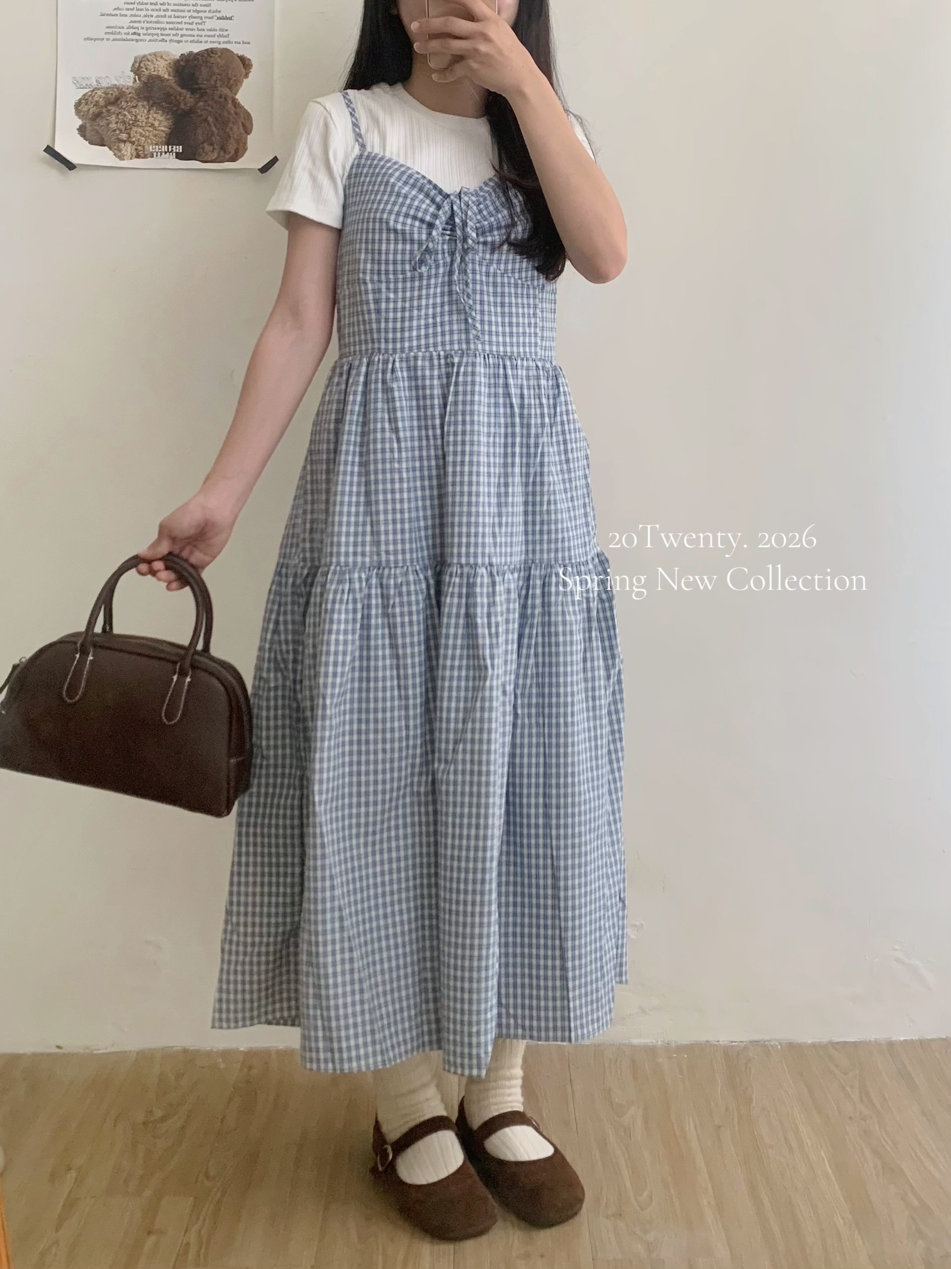 前抽繩格紋長洋裝（2colors)