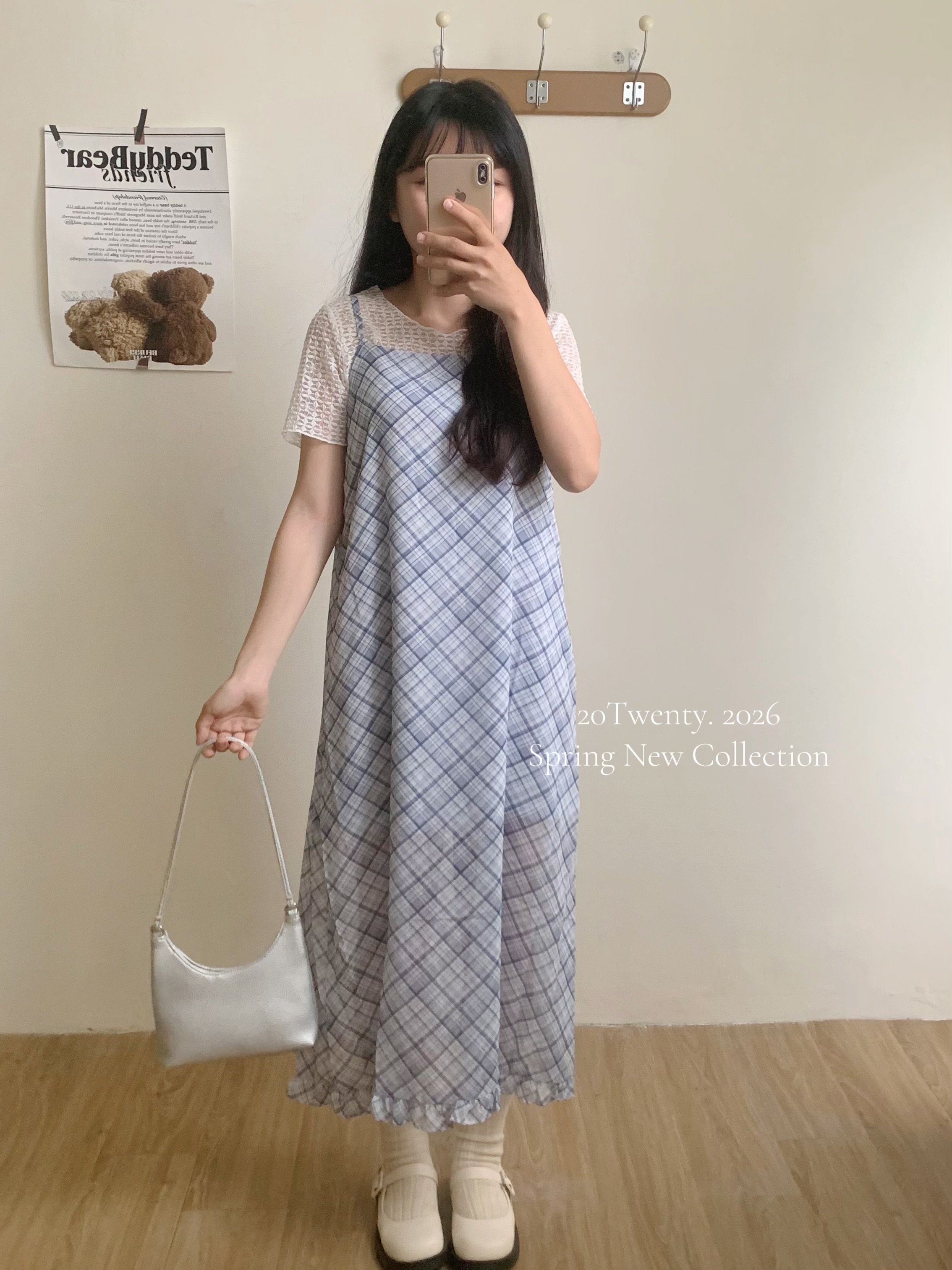 韓系氣質格紋吊帶長洋（2colors)