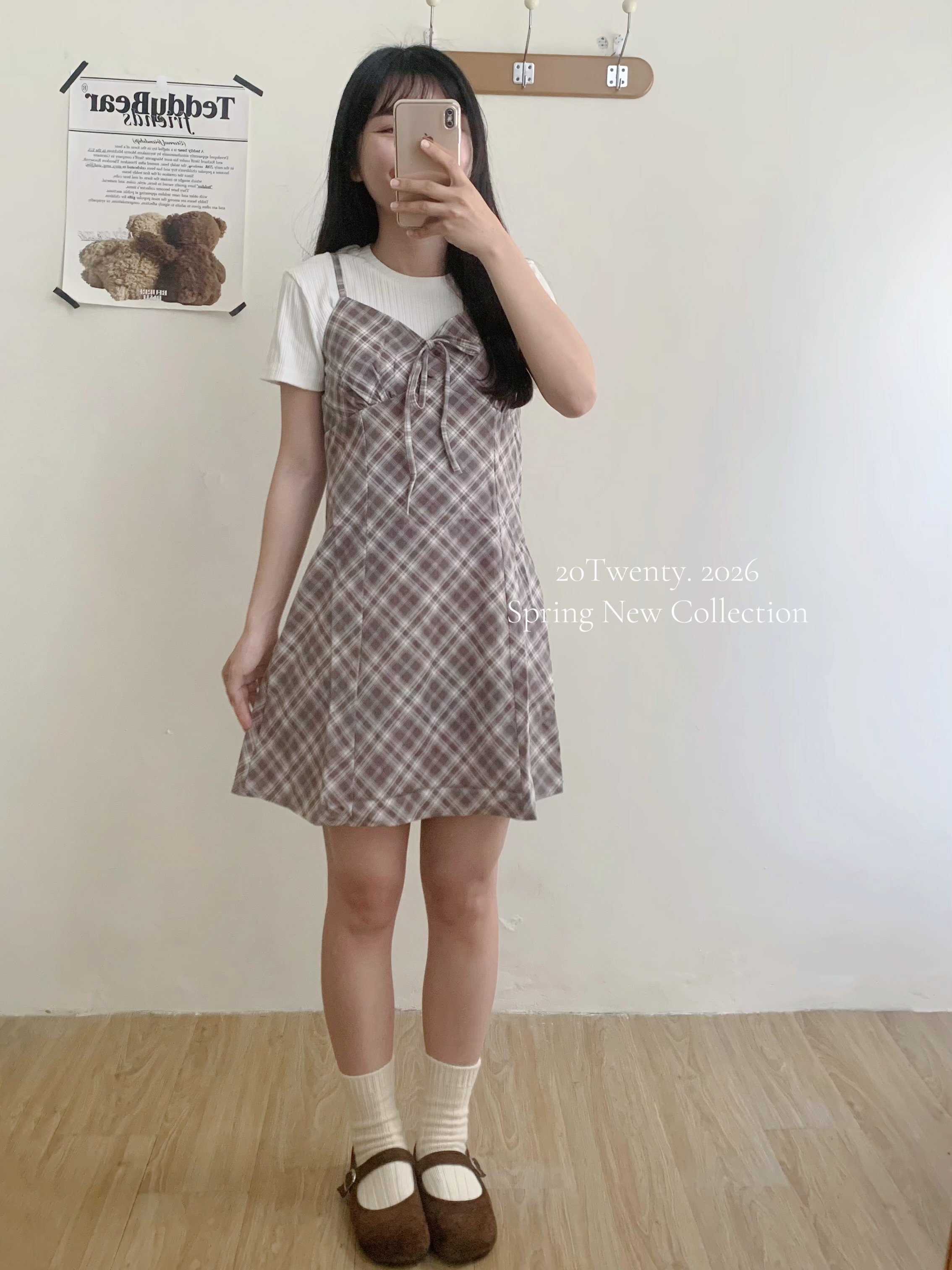 復古前抽繩格紋短洋(3colors)