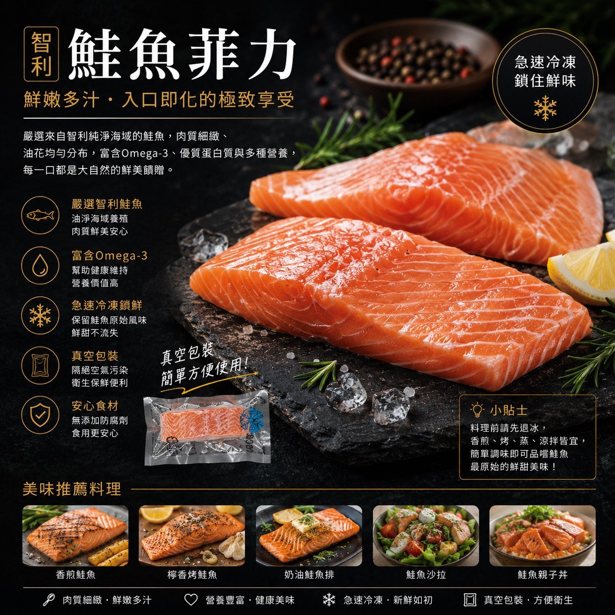 智利鮭魚菲力 - 220g/包│昱飛鮮選│智利鮭魚│宵夜/備餐/低脂/野餐/露營