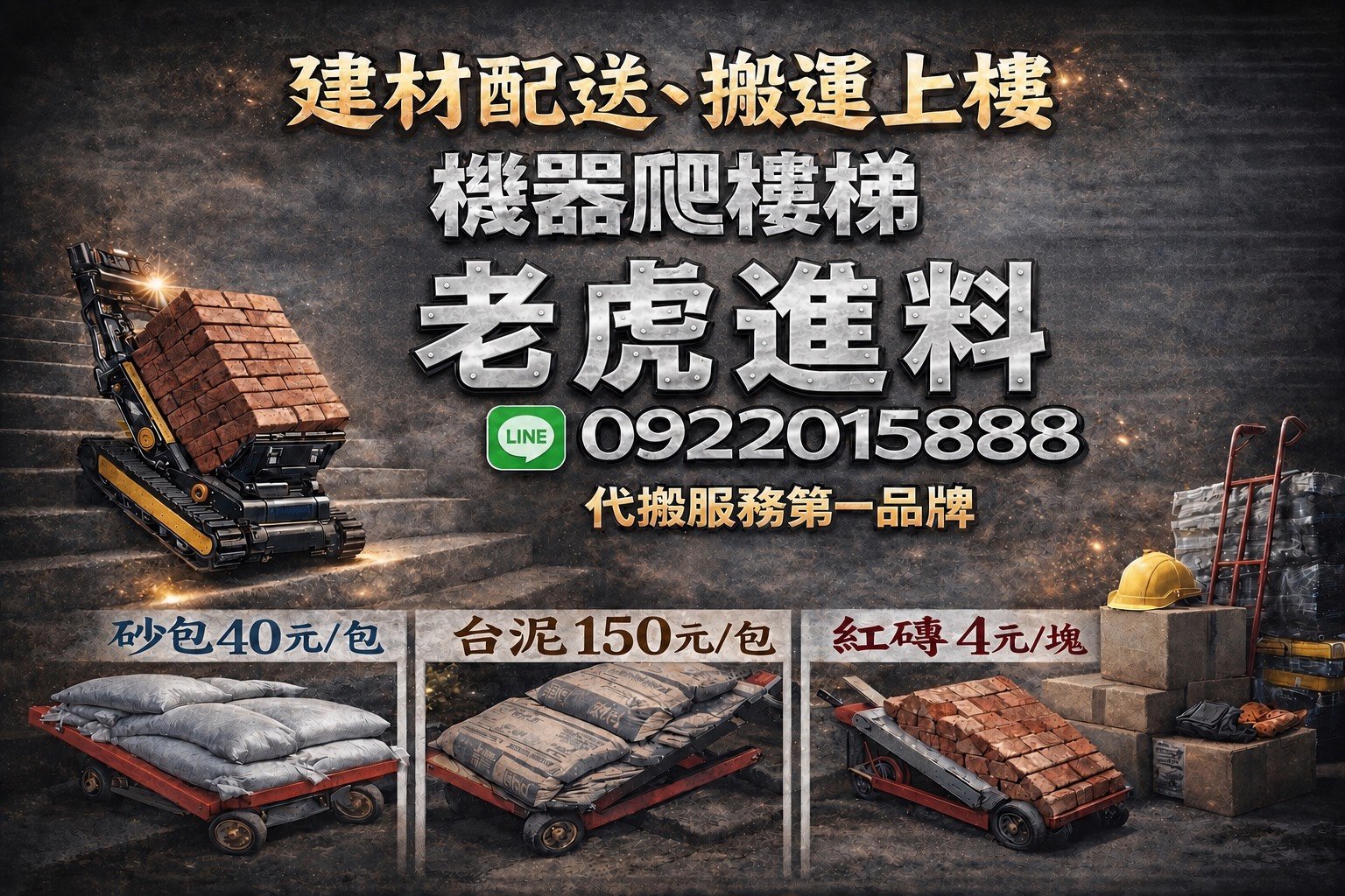 【老虎進料】建材配送、機器爬樓梯送上樓  一站式服務、專業爬樓梯代搬服務的第一品牌