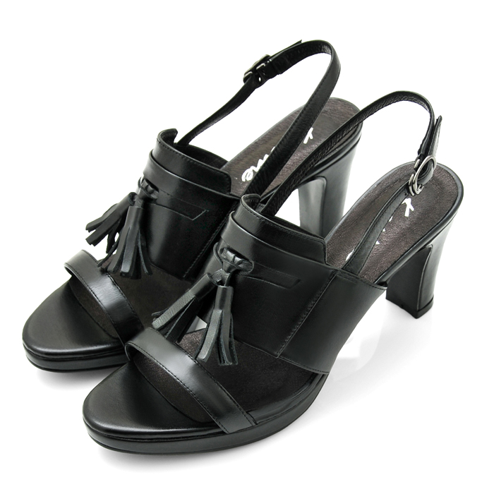 karine(MIT台灣製)全真皮一字帶流蘇高跟涼鞋-黑色