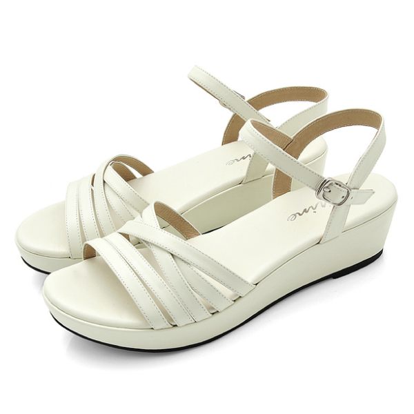 karine(MIT台灣製)全真皮交叉細帶鏤空楔型涼鞋-米白色