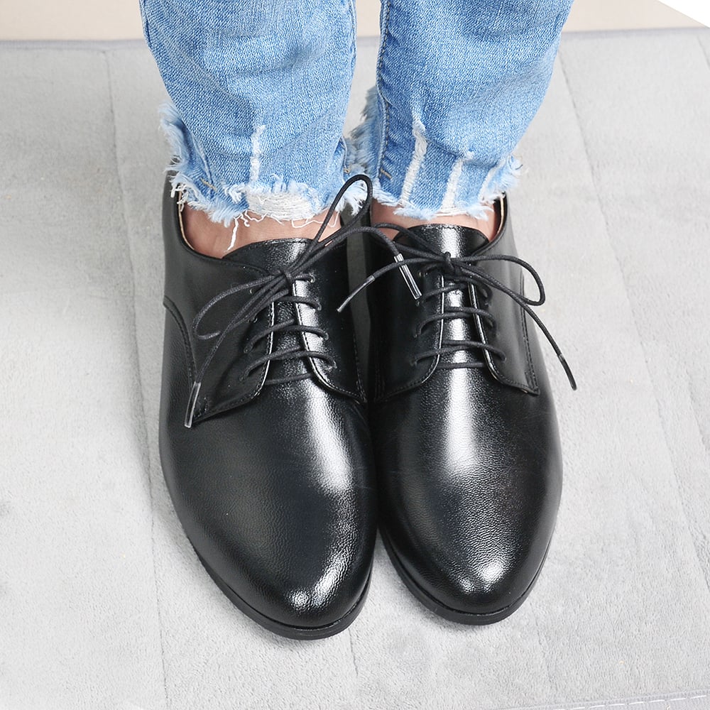 karine(MIT台灣製)全真皮綁帶低跟德比鞋-黑色