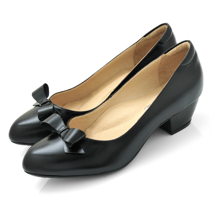 karine(MIT台灣製)全真皮尖頭蝴蝶結粗低跟鞋-黑色