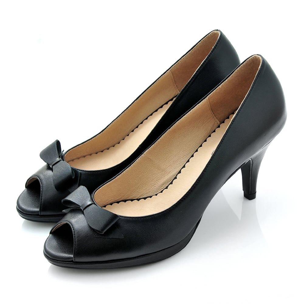 karine(MIT台灣製)全真皮蝴蝶結魚口高跟鞋-黑色