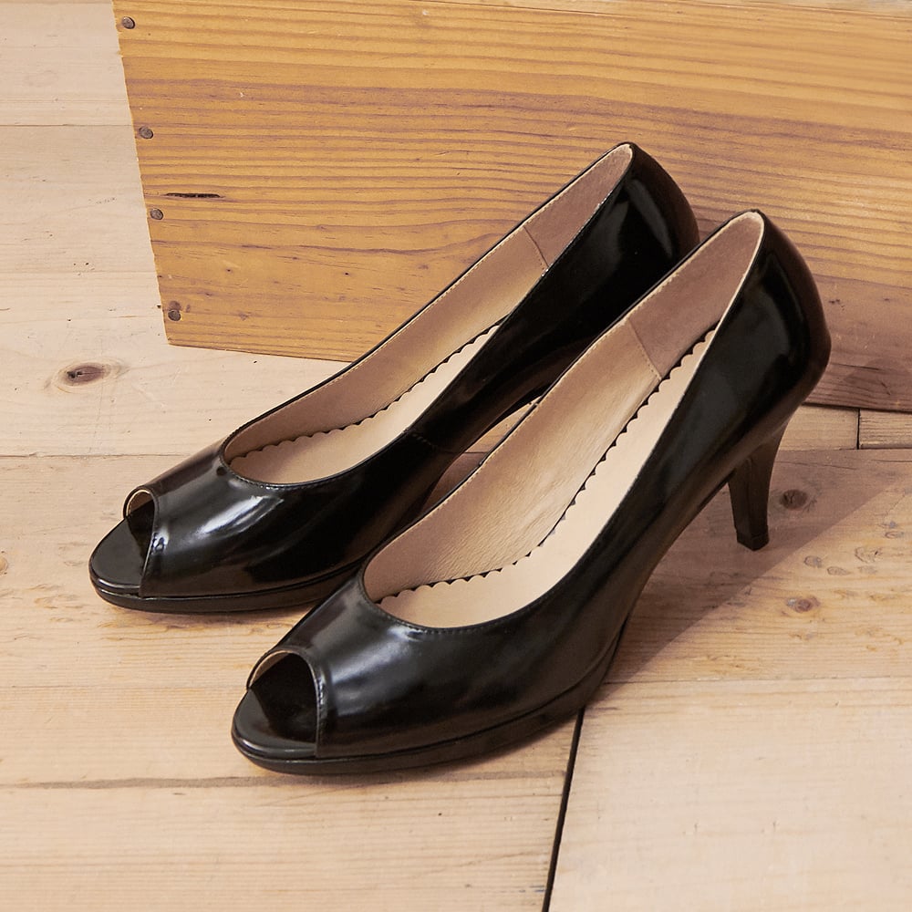 karine(MIT台灣製)全真皮素面魚口高跟鞋-漆皮黑