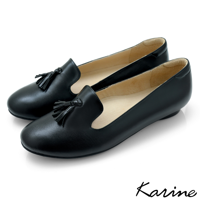 karine(MIT台灣製)全真皮樂素面/流蘇樂福平底鞋-黑色