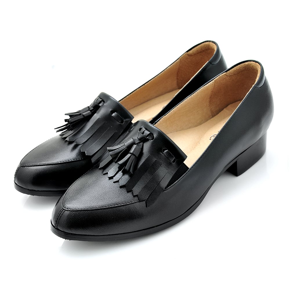 karine(MIT台灣製)全真皮流蘇低跟樂福鞋-原皮黑