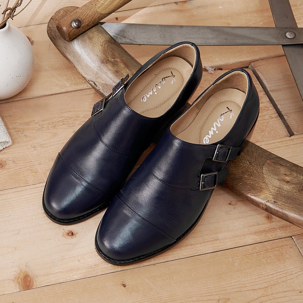 karine(MIT台灣製)全真皮雙釦帶低跟孟克鞋-藏藍色