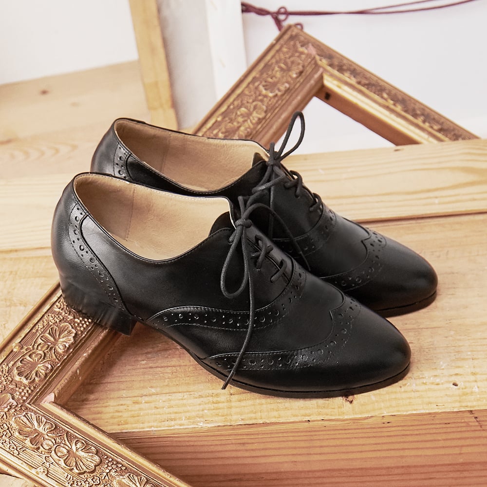 karine(MIT台灣製)全真皮綁帶低跟牛津鞋-黑色