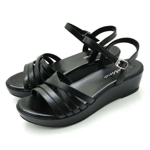 karine(MIT台灣製)全真皮交叉細帶鏤空楔型涼鞋-黑色