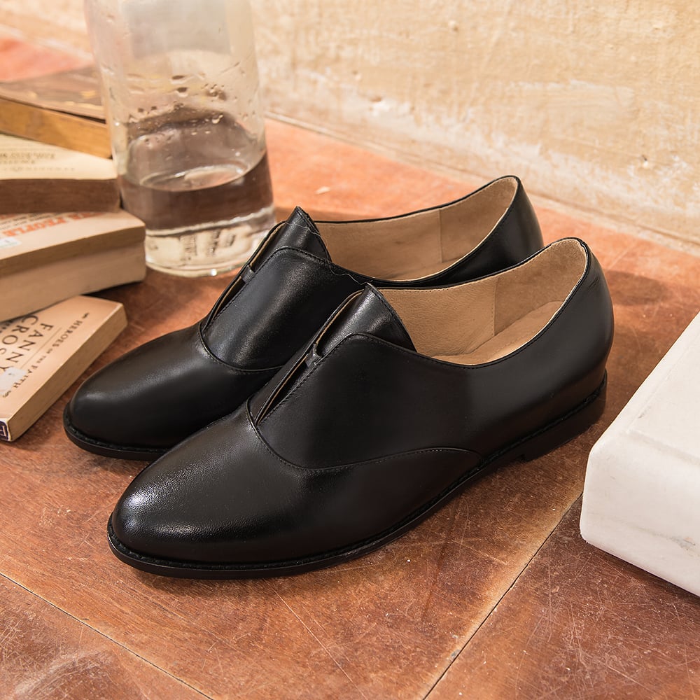 karine(MIT台灣製)全真皮2way無綁帶內增高牛津鞋-黑色