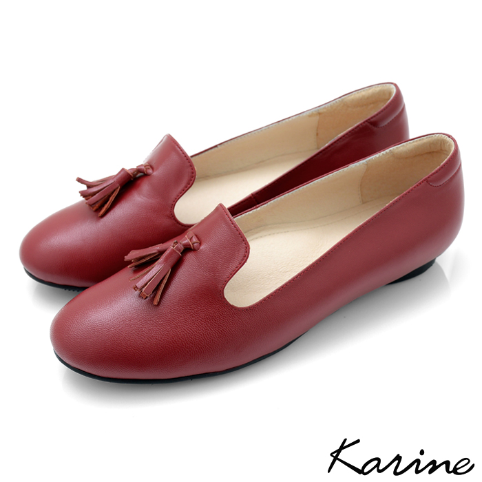karine(MIT台灣製)全真皮樂素面/流蘇樂福平底鞋-紅色