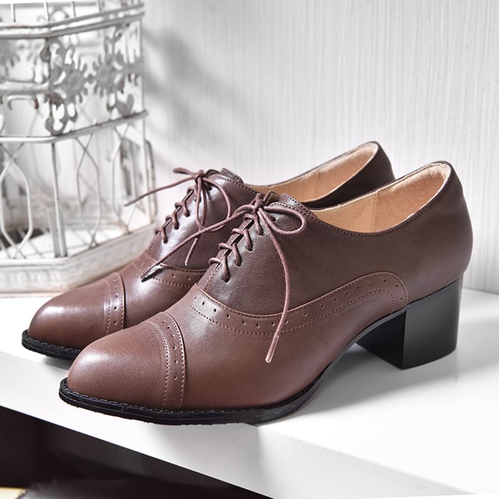 karine(MIT台灣製)全真皮綁帶牛津粗跟踝靴-棕色