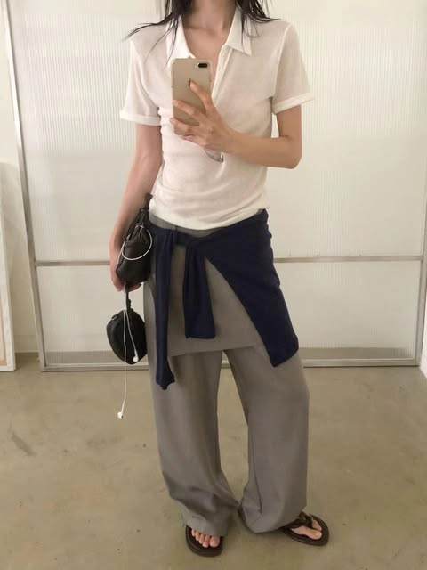 polo領透膚衫( 白色/黑色/霧灰/花灰/深灰 )